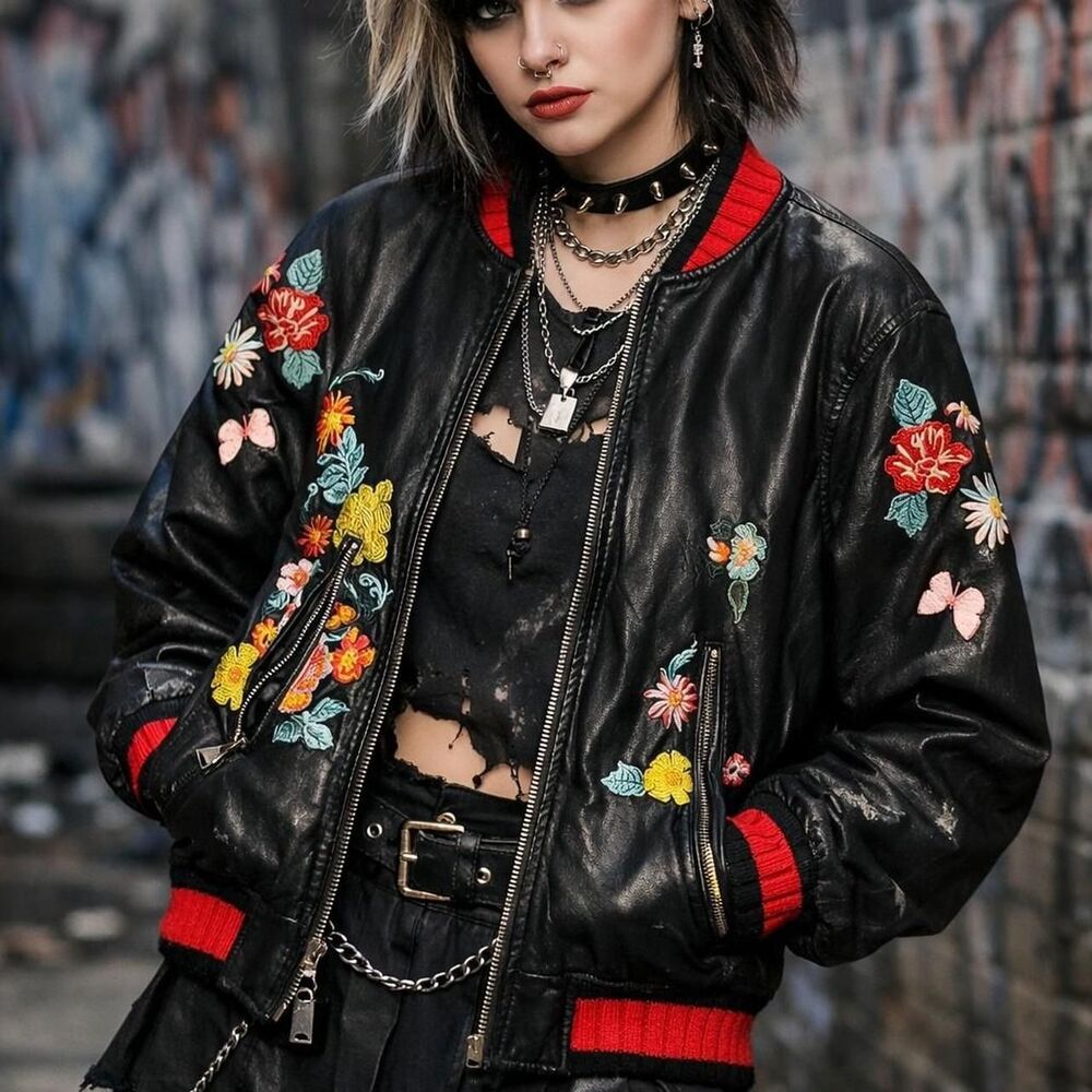 Floral Embroidered Bomber Jacket Small Preppy Punk Vibe